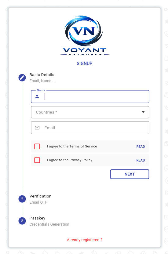 Voyant Networks signup flow UI
